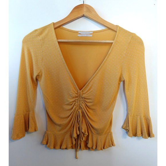 Urban Outfitters Tops - Urban Outfitters Shirt Womens Small Ruched Ruffle Bell Sleeve Polka Dot Crop Top